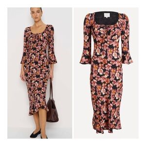 Reformation Black Midi Curtis Dress with Pink Floral Print